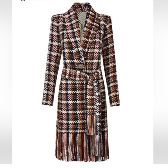 CAbi Jackets & Blazers - CAbi Regency Coat Plaid Fringe Hem Long Coat Size XS Wool Blend Tweed
